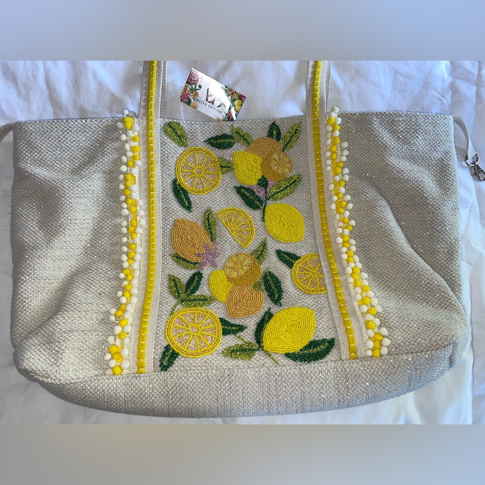 America & Beyond lemon hand beaded tote
